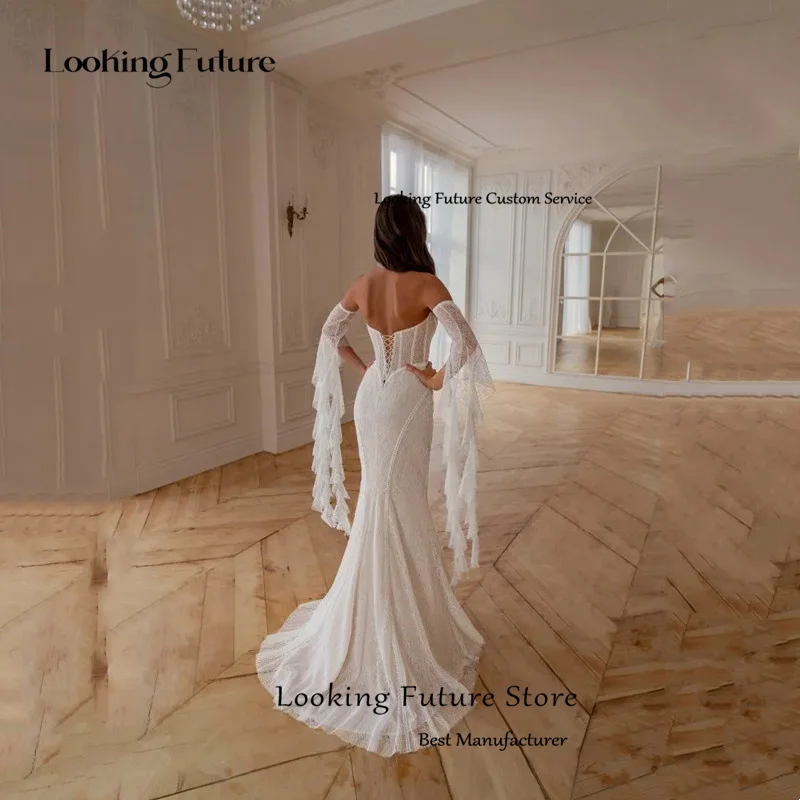 ボヘミアン マーメイド レース アップリケ ウェディングドレス エレガント アイボリー ストラップレス プリーツ オフショルダー セクシー バックレス レースアップ ガウン Vestidos
