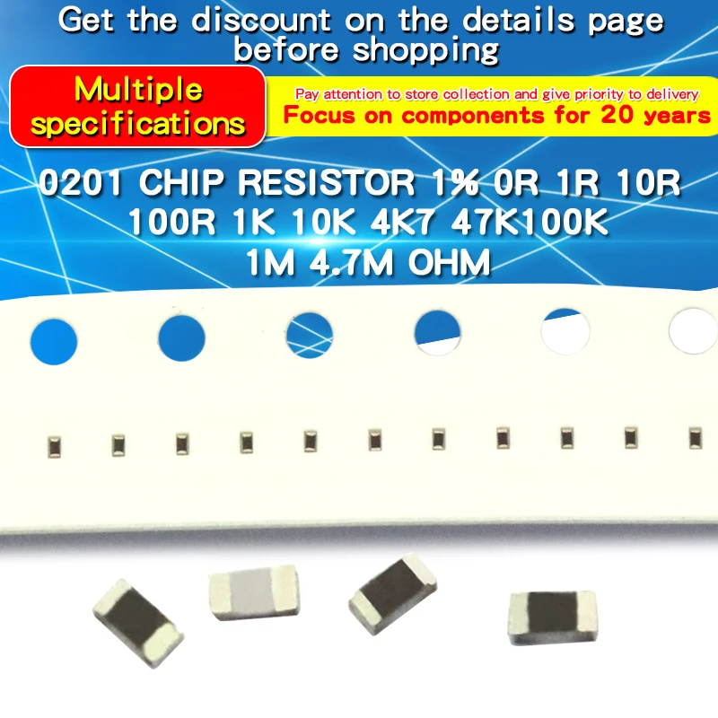 

100pcs 1% 0201 SMD Resistor 0Ω~1MΩ 0 1 2.2 10 22 47 75 100 470 1K 2.2K 4.7K 10K 22K 47K 51K 100K 1M SMD Chip Resistance