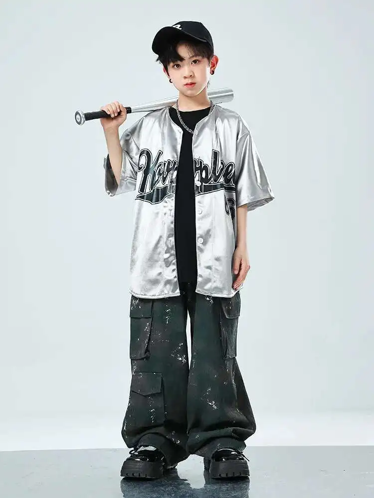 Sequin Silver Dancing Clothes Hip Hop Dance Costume 4 Girls Boys T Shirt Pants Street Wear Children Competition Costumes Jazz