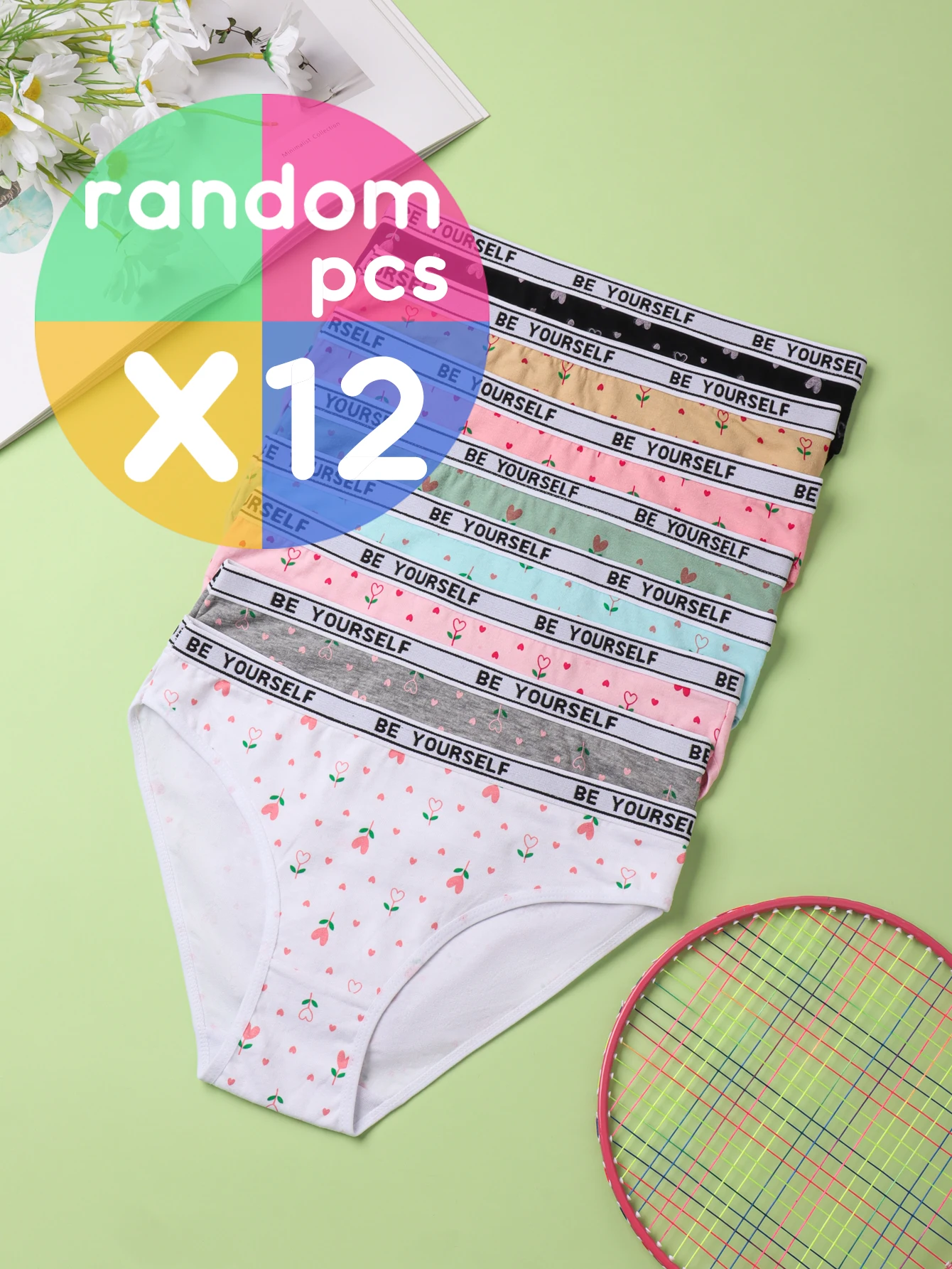 

12Pcs Girl's Cute Flower & Heart Print Cotton Briefs Soft Comfy Cotton Underwear Set for Youngsters All Season Wearing