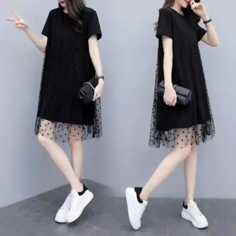 Summer New Plus Size Western-Style Women Clothing Fat Mm Mesh Splicing Long Tshirt Trendy Versatile Fairy Style Beautiful Dress