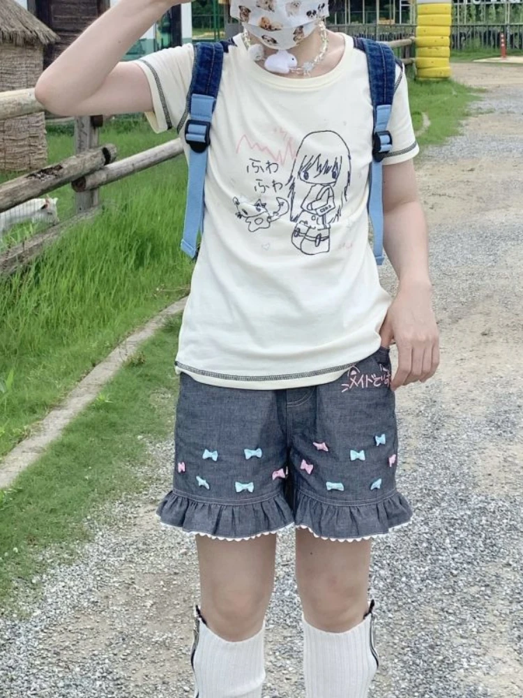 Y2k Aesthetic Casual Cartoon Printing Tops T-shirt Women Streetwear Bright Thread Finish Tshirts Harajuku Grunge Summer T-shirt