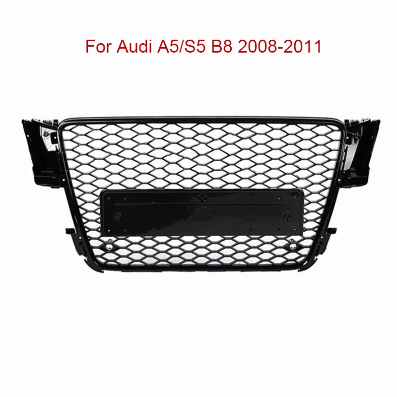 For RS5 Style Front Sport Hex Mesh Honeycomb Hood Grill Chrome Gloss Black Fits for Audi A5/S5 B8 2008 2009 2010 2011 No Logo