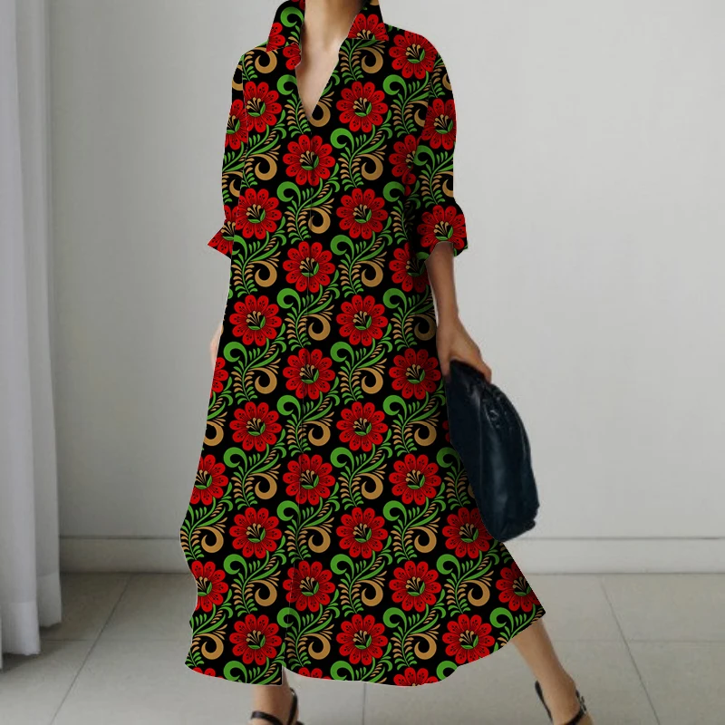 Fashion Devil's Flower Vine Printed Women's Shirt Dress Fashionable Loose Vintage Long Sleeve Dress Spring Ladies Button Robe