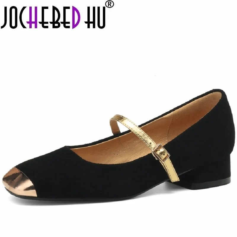 

【JOCHEBED HU】Fashion Mixed Colors Women Pumps Low Heels Buckle Strap Genuine Leather Concise Casual Working Shoes Spring Summer