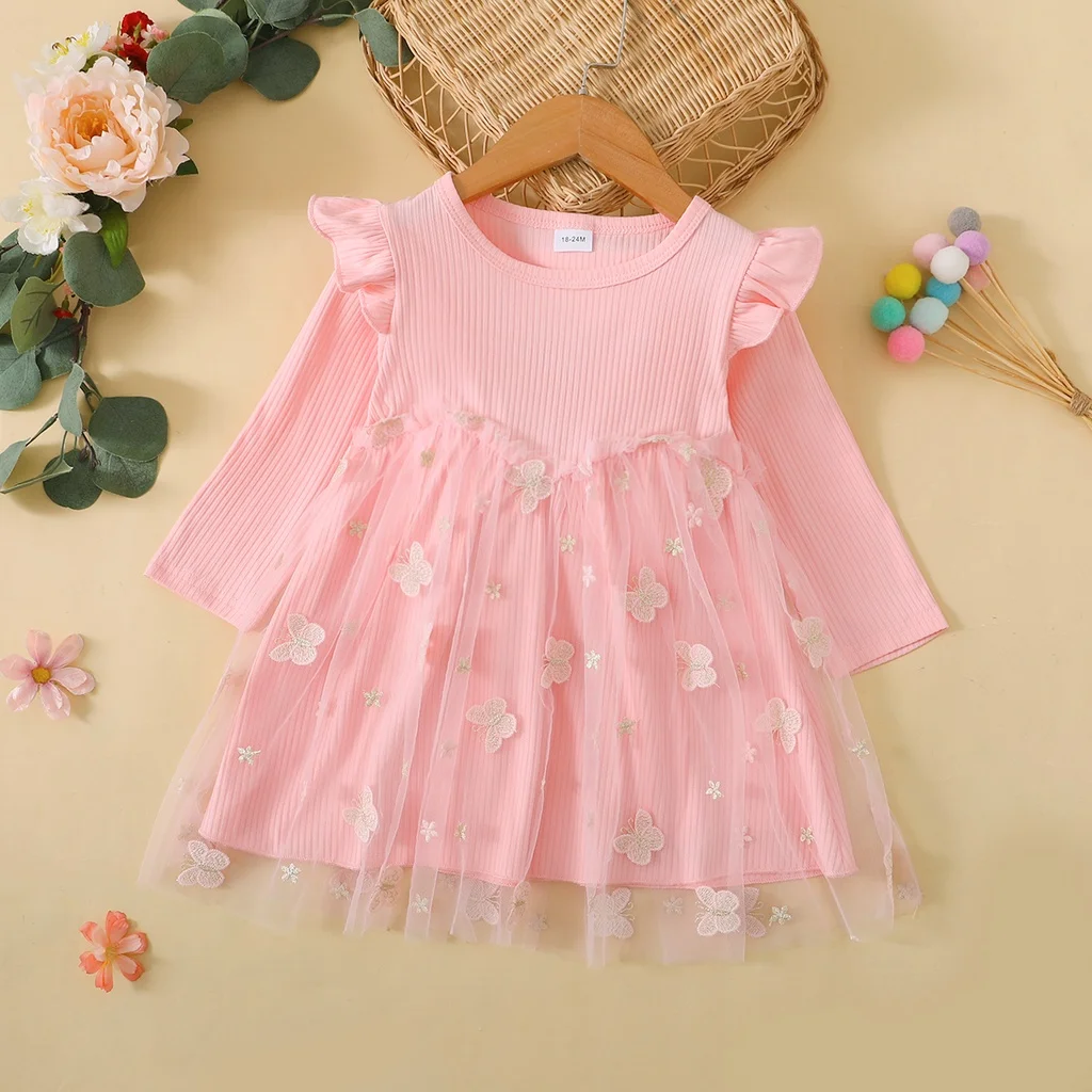 1-5 Years Kids Girl Pink Long Sleeved Butterfly Mesh Dress Sweet Tulle Princess Dress Child Birthday Party Costumes Autumn Wear