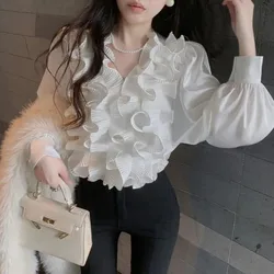 White Blouse Women Clothing Temperament Ladies Tops Sweet Ruffles Lantern Sleeve Shirt Elegant Blouses 2024 Blusas Mujer De Moda