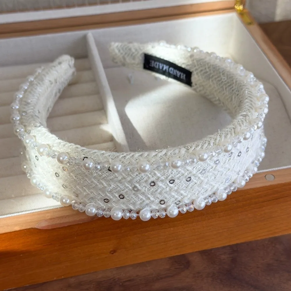 

Sweet Pearls Cloth Hair Hoop French Style Rose Print Beads Crystal Headband Wide Side Headpiece Beige Blue Hair Band Women