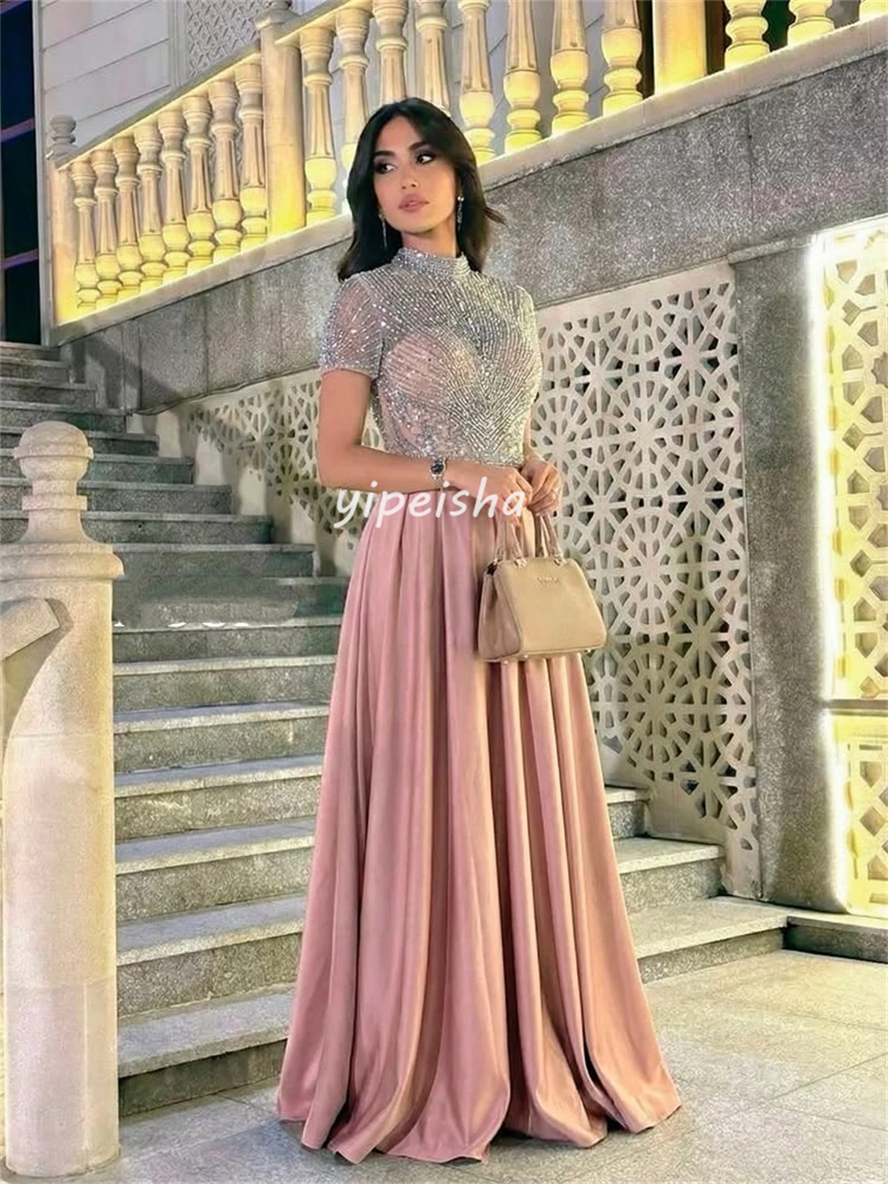 Customized Sparkle Women Jersey Rhinestone Ruched A-line Evening Dress Classic High Collar Short Sleeves Floor Lenght Party Gown image 3