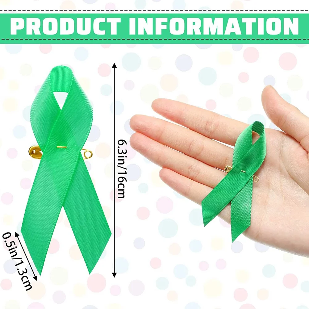 100 Pieces Awareness Ribbon Satin Ribbon Lapel Pins Fabric Ribbons with Safety Pins for Women Men (Green)