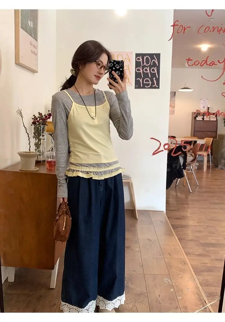 Nine-point Small Retro Lace Lace Spliced jeans
