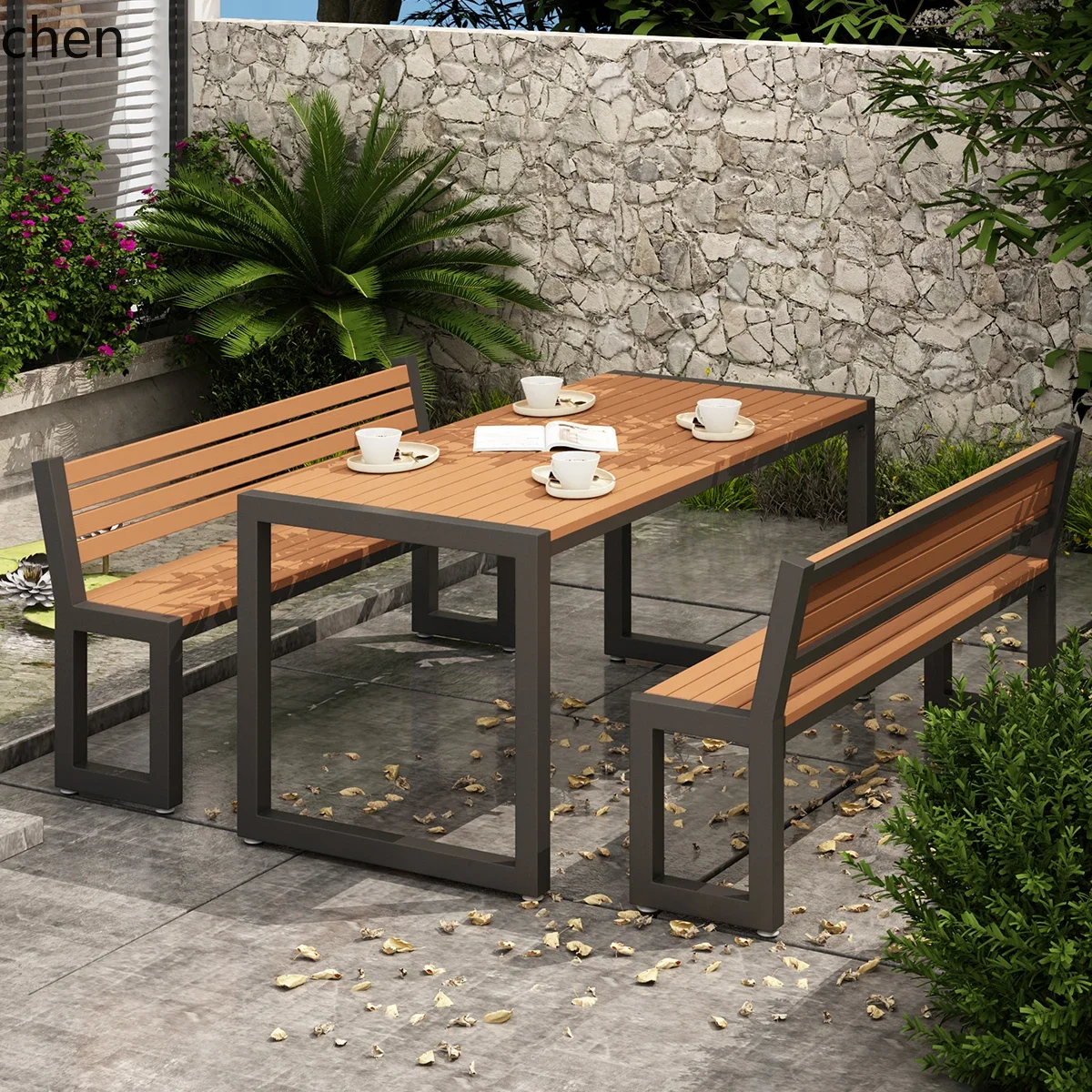 Outdoor Courtyard Open-Air Table and Chairs Waterproof Sun-Proof Leisure Iron Art Plastic Wood Long Table