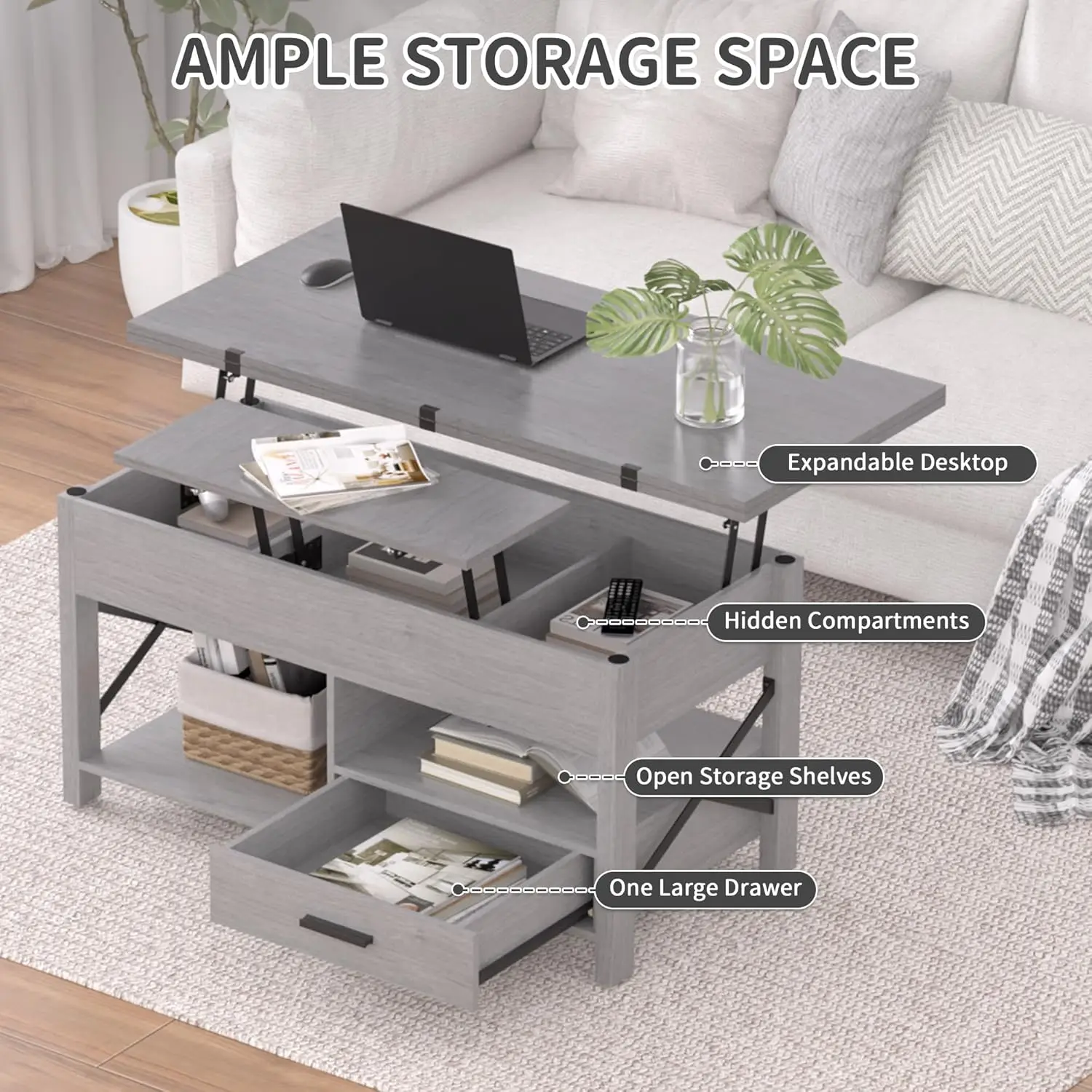 Mesa de centro con tapa elevable multifunción gris: convertible en mesa de comedor con cajones de almacenamiento, compartimentos ocultos