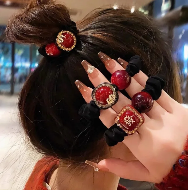 Light luxury explosion New Year's rich square hair band rubber band headband hair tie female red natal year hair accessories