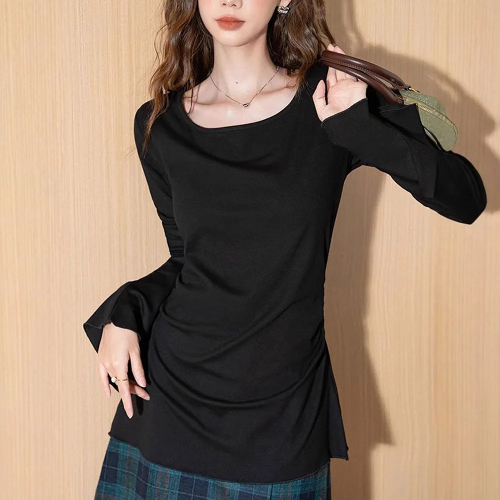 Plus-size Women's Spring And Autumn New Arrival Solid Color Casual Waist-cinching Bell-sleeve U-neck Long-sleeve T-shirt