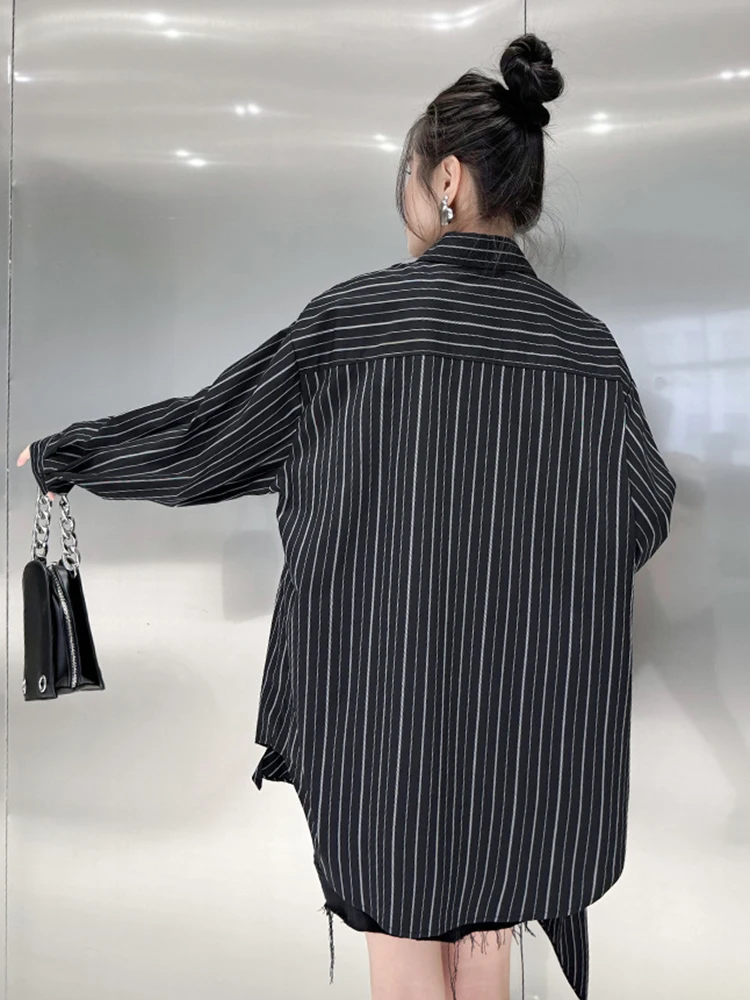 [EAM] Women Black Striped Bow Irregular Big Size Blouse New Lapel Long Sleeve Shirt Fashion Tide Spring Autumn 2024 1DH5046