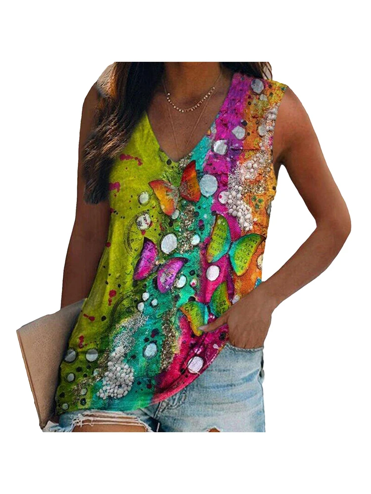 Kolorowy motyl 3D Print Tank Top Western Ethnic Women V-Neck Sleeveless Camisoles Off Shoulder Vest Y2k Tops Woman Clothing — zdjęcie 2