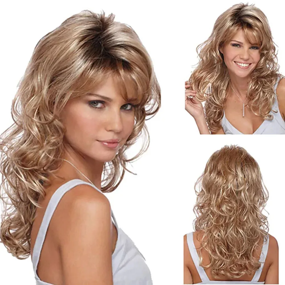 

Light Blonde Black Hair root Long Hairstyles with Bangs Synthetic Hair Wigs for Women Layered Wavy Wigs for White Women