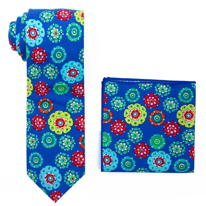 Men Tie Cotton Necktie Handkerchief Suit Flower Floral Printed Neckwear Tie Hanky Set Wedding Party 7.5CM Slim Neckcloth Scarf