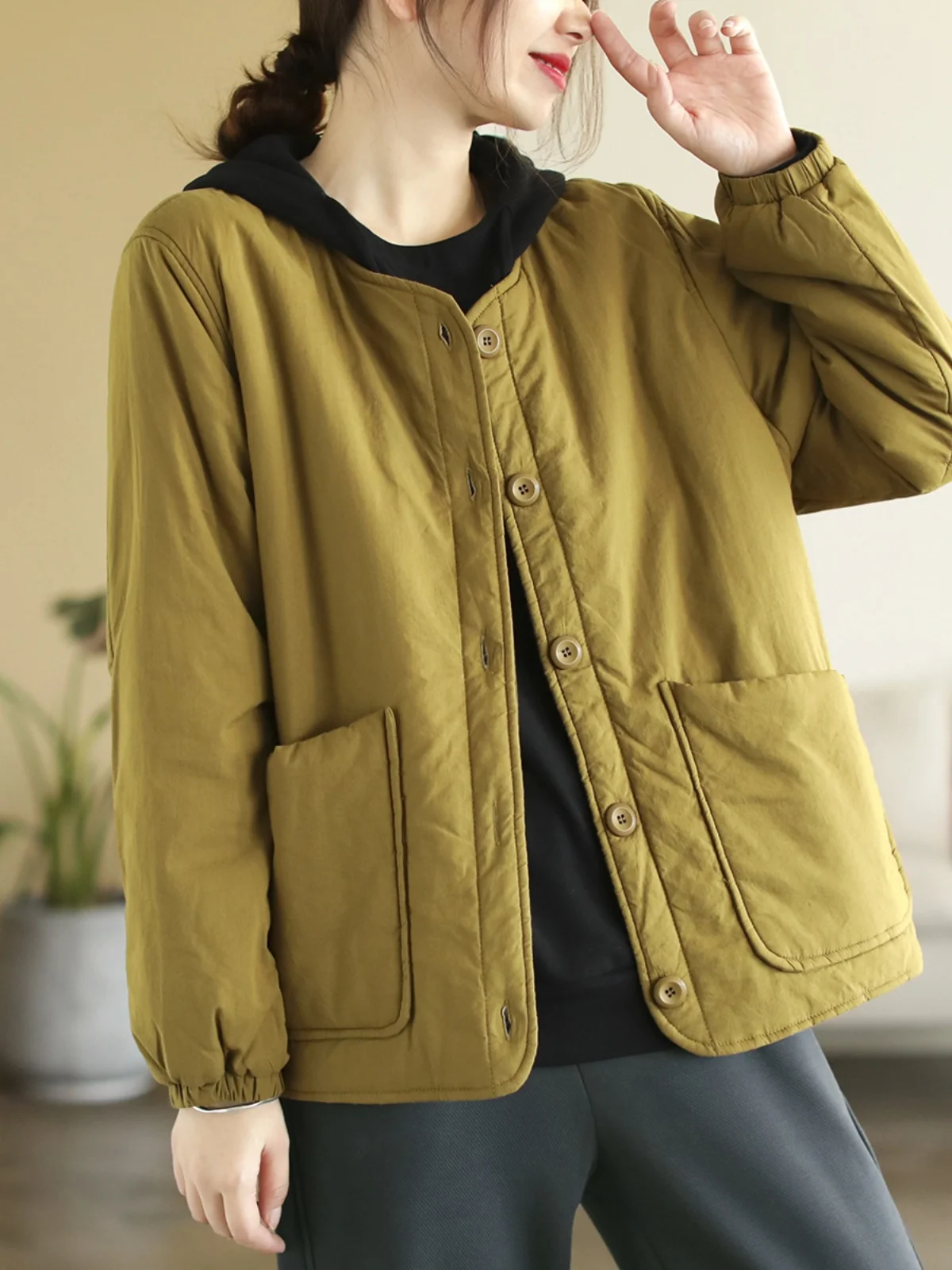 

Women's Thiened Cotton Jaet Outerwear Loose Casual Sle with ket Retro round Ne Button Closure Long Sve Coat