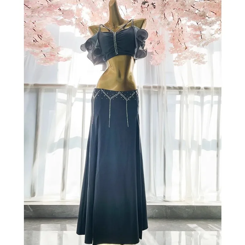customized bellydancewear performance Practice set with lotus leaf rhinestones chest cotton suspender top double slit long skirt