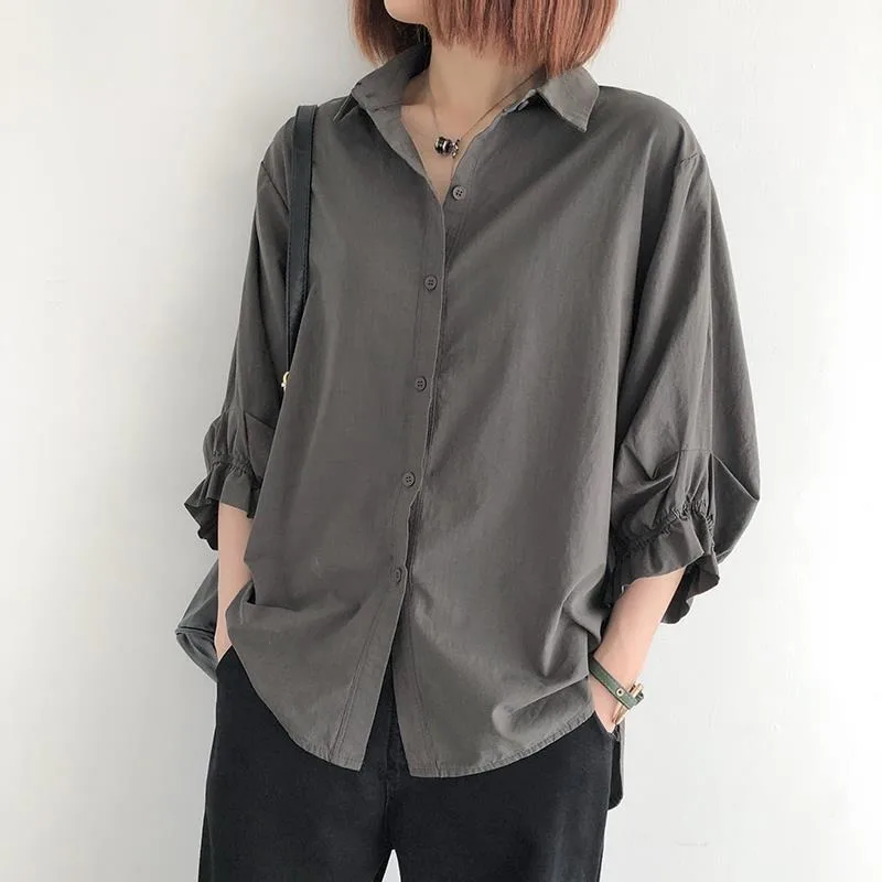 Solid Ruffle Edge Lantern Seven-quarter Sleeve Single-breasted Shirt Spring Summer New Korean Version Women Loose Large-size Top