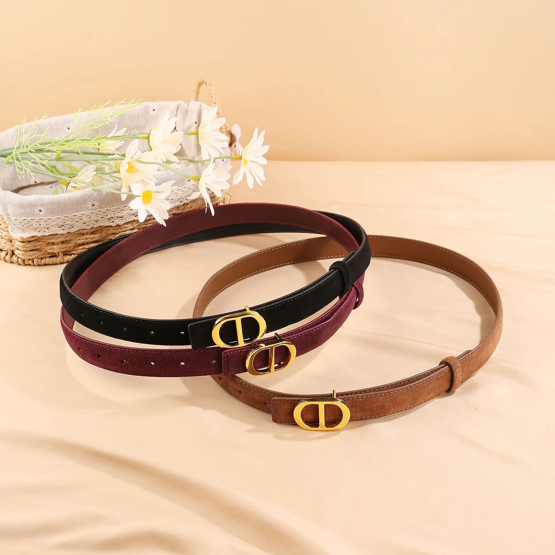 Cowhide suede D-buckle gold alloy buckle belt for women, student fashion, European and American jeans belt for women