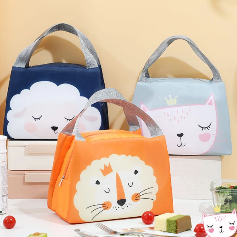 Cute Children\'s Lunch Bags Print Cartoon Animals Bag Kids School Bento Storage Pouch Thermal Insulation Tote Hangbag Mini Pouch