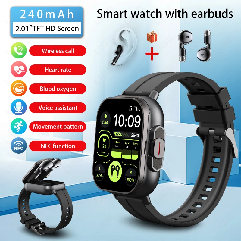 

LIGE New Smart Watch Heart Rate 2.01"TFT HD Screen Wireless Calling Music Control Men Smart watches with earbuds for Android lOS