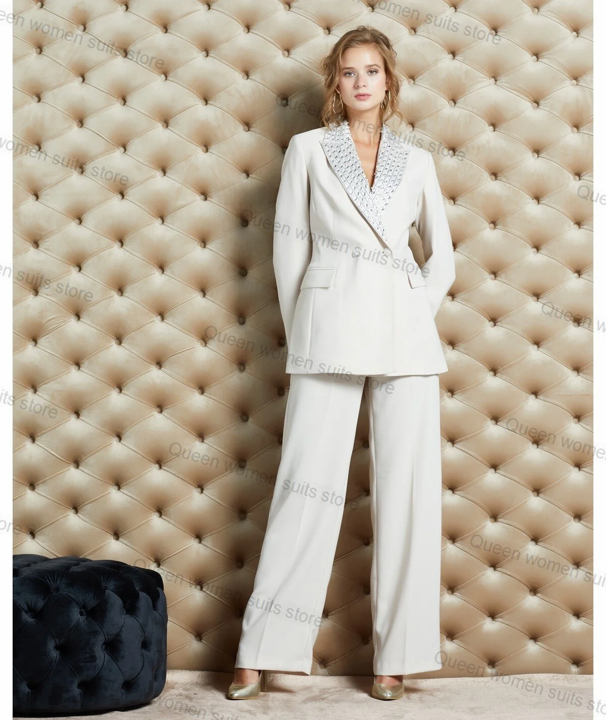 

Luxury White 2 Piece Women Suits Pants Set Blazer+Trouser Crystals Lapel Prom Dress Formal Office Lady Tailored Size Jacket