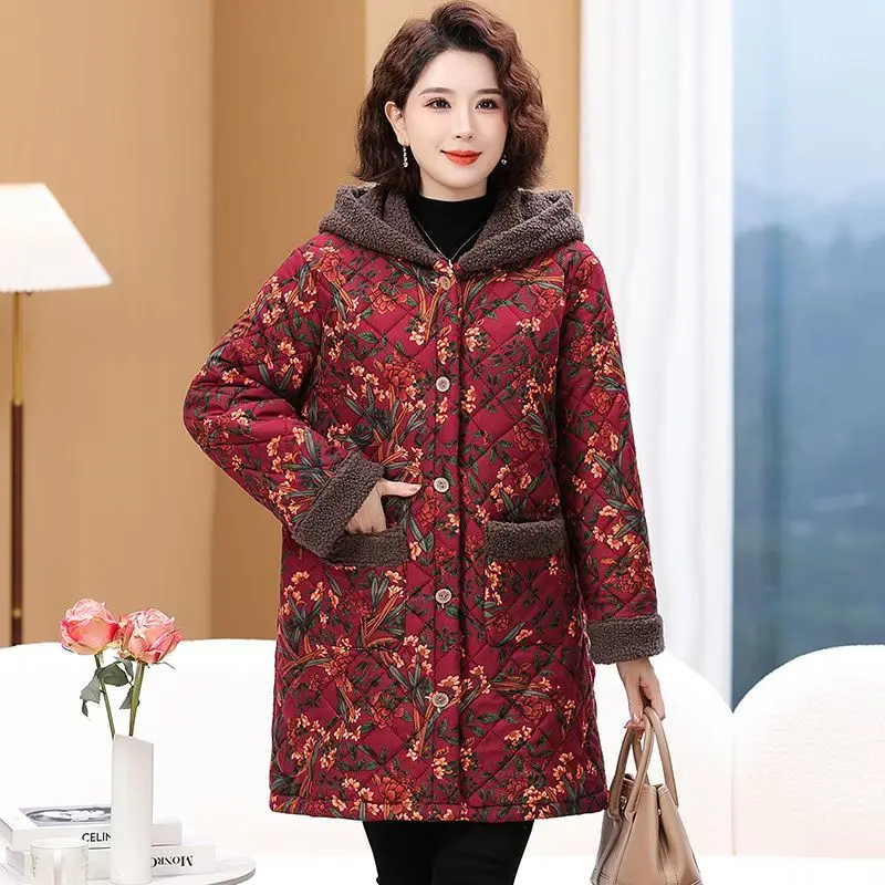 Mamma di mezza età e anziani Stampa floreale Giacca lunga in cotone foderata in pile Cappotto invernale caldo con cappuccio per cappotti addensati alla moda TS472