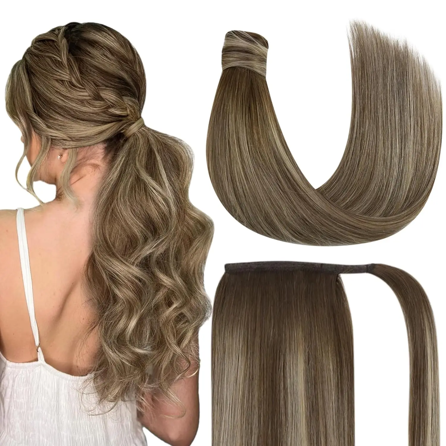 VeSunny Human Hair Ponytail Ombre Brown Ponytail Extension Real Human Hair Dark Roots Light Brown with Blonde Hair Ponytail Hair