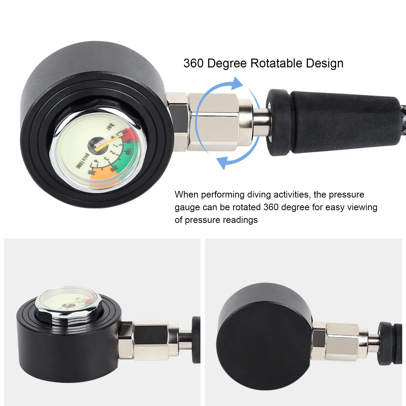 Scuba Diving Pressure Gauge Luminous Submersible Pressure Gauge with High Pressure Hose for BCD Regulator Underwater Diving
