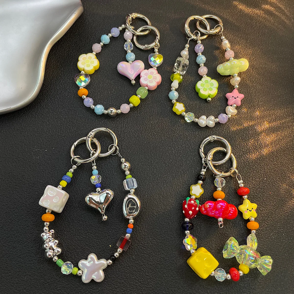 

Summer Flowers Stars Clouds Smiling Face Double Button Phone Chain Heavy Industry Dopamine Fire Beads