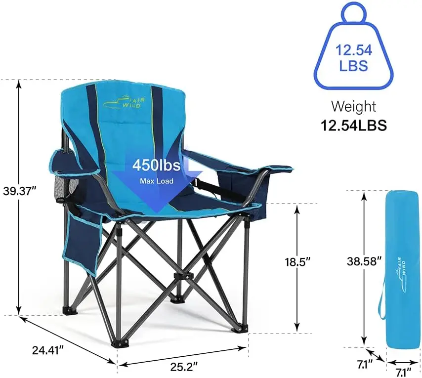 Oversized Fully Padded Camping Chair with Lumbar Support, Heavy Duty Cooler Bag Fold Chair Support 450 LBS, Green