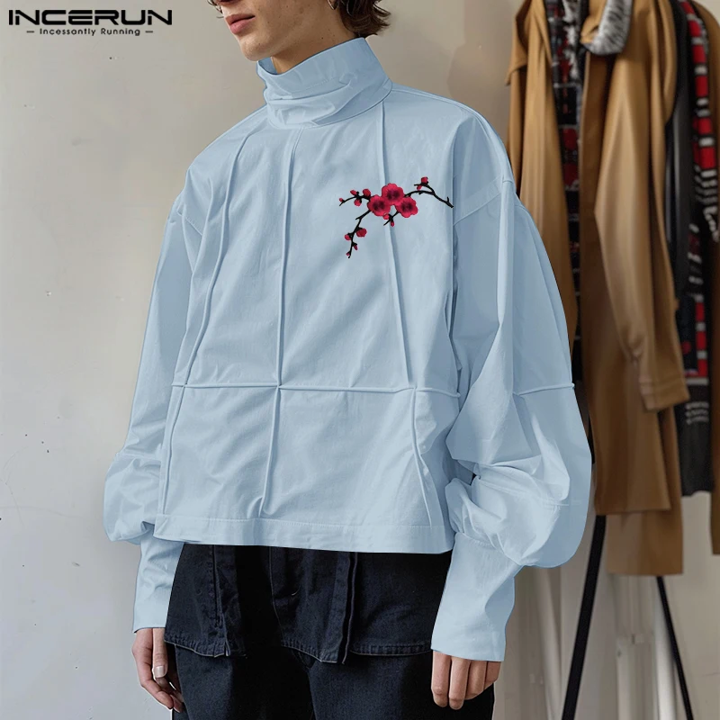 INCERUN Men Casual Long Sleeve Hoodies 2024 American Fashion Loose High Neck Simple Sweatshirts Deconstruction Handsome Pullover