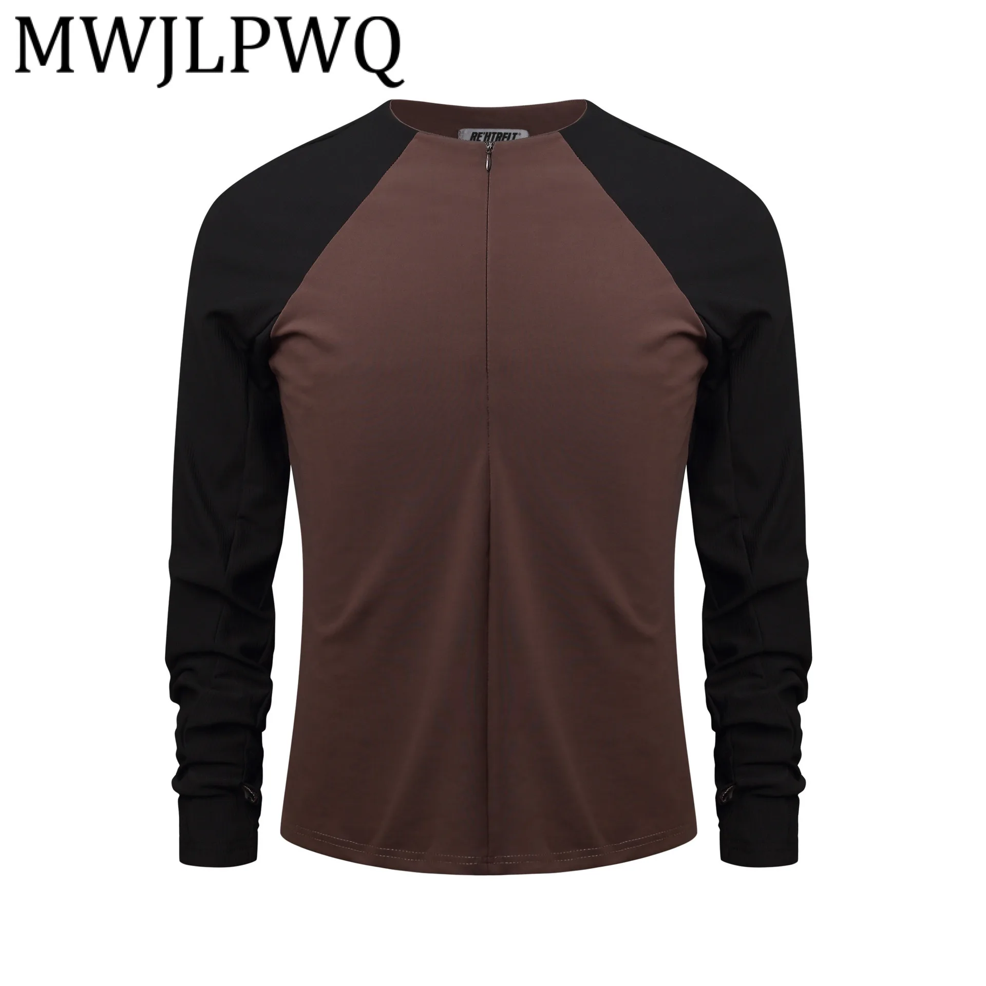 

MWJLPWQ Modish 2025 Autumn New American Style T-Shirt Male Long Sleeve Zipper Simple Versatile Color-Block Casual Tops 21538