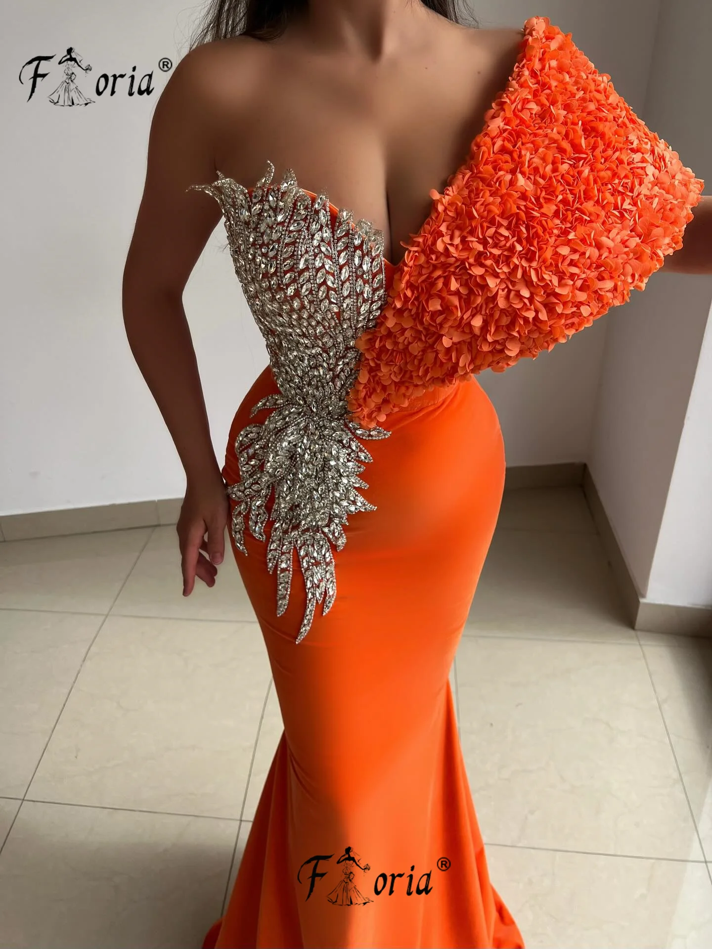 Elegante vestido de fiesta naranja, cuentas brillantes, apliques de cristal, vestidos de noche 3D, batas de cóctel personalizadas, longues soirées élégantes