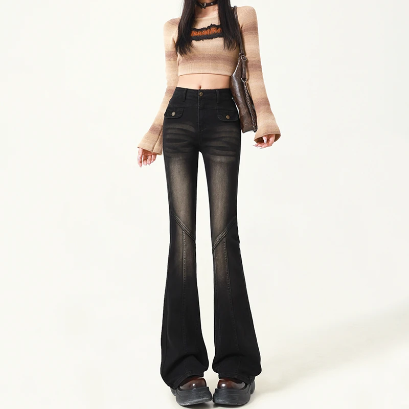 

Black and gray retro micro flare jeans female spring and autumn models high-waisted thin horseshoe pants small drag pants