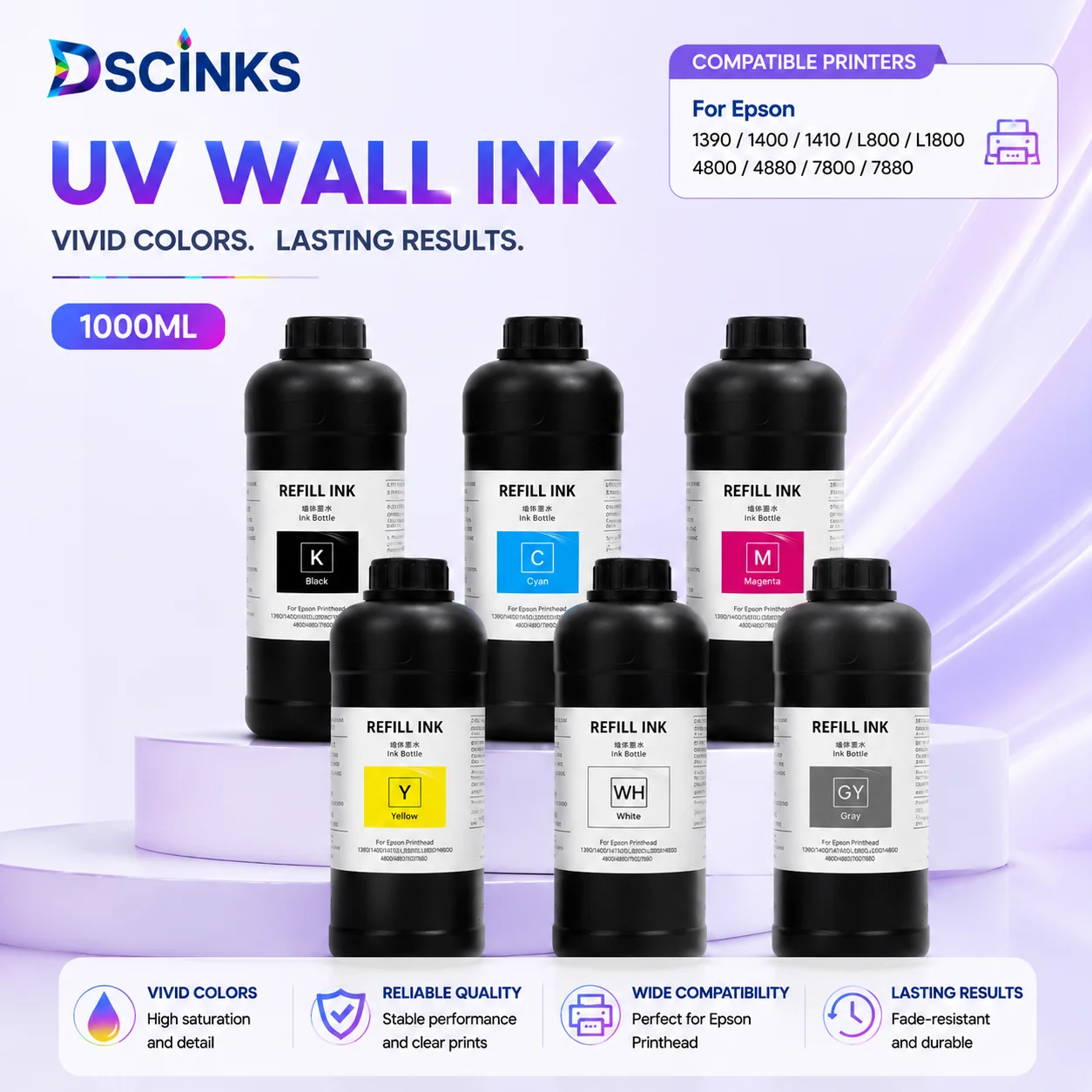 1000ML Wall UV Ink For Epson DX5 DX7 TX800 XP600 I3200 I1600 L1440 1390 1400 1410 L800 L1800 4800 Wall Printing UV Curable INK