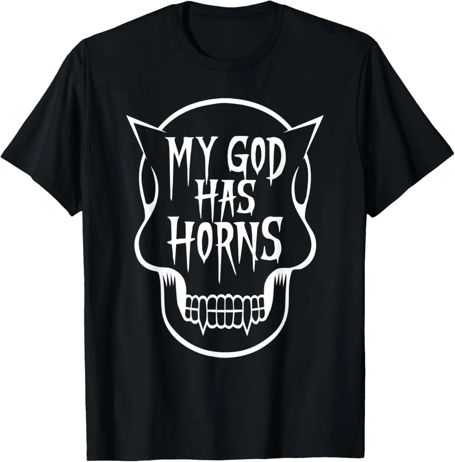 My God Has Horns with Demonic Skull Shape and Fangs Printing T-Shirt Graphic T Shirts  Men Clothing