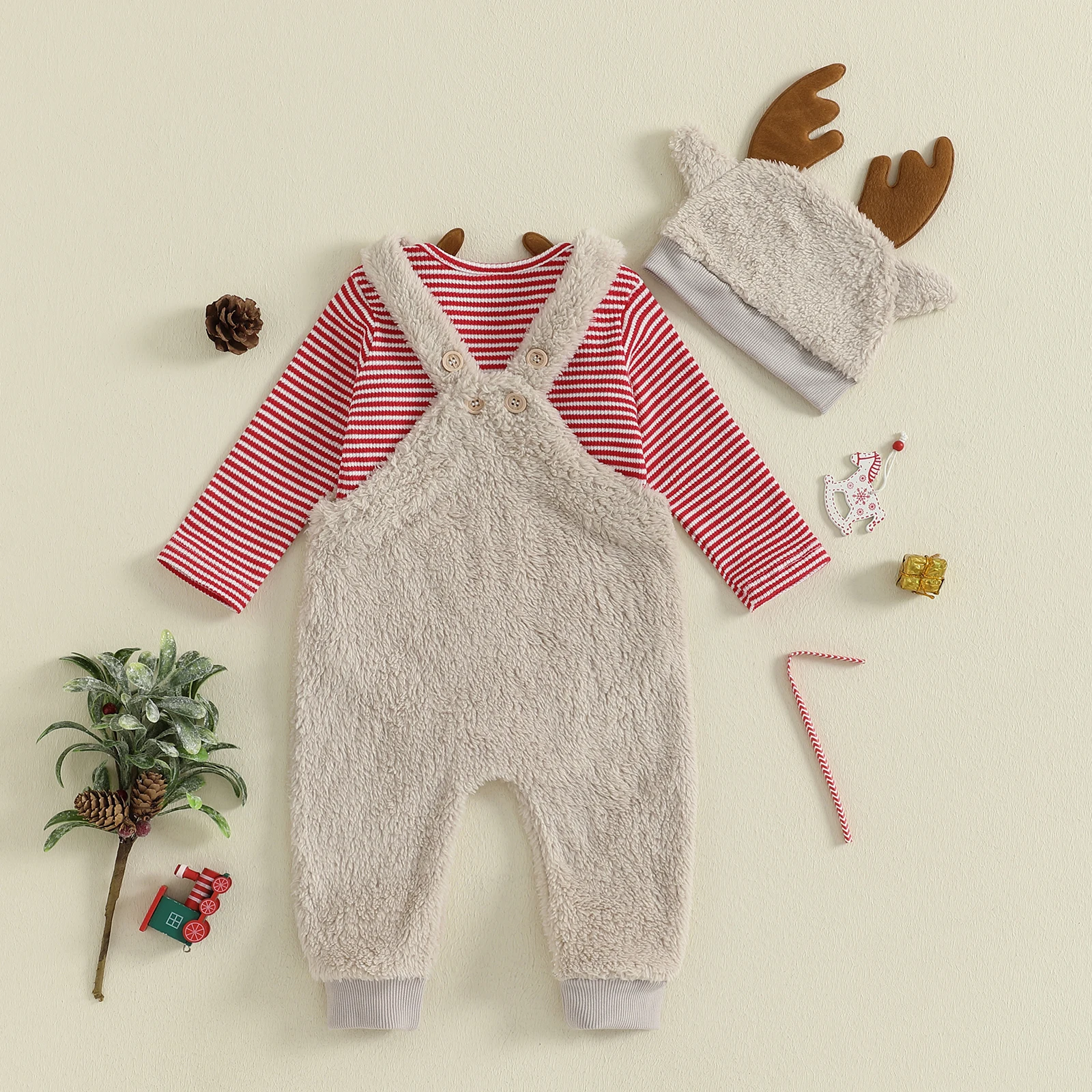 2026 السنة الجديدة طفل رضيع زي عيد الميلاد عيد الميلاد فضفاضة تناسب مخطط كم طويل رومبير الرنة أفخم وزرة وقبعة 3 قطعة مجموعة