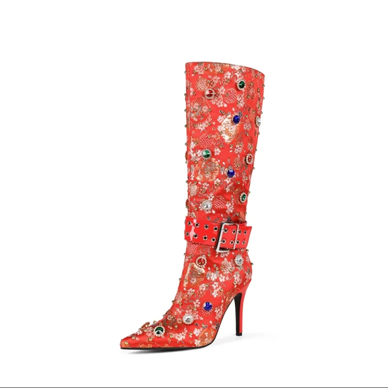

Ladies' Pointed Silk Satin Fine Heeled Boots With Rhinestones Slim Women High Heels Knee High Boots Runway Fashion Boots