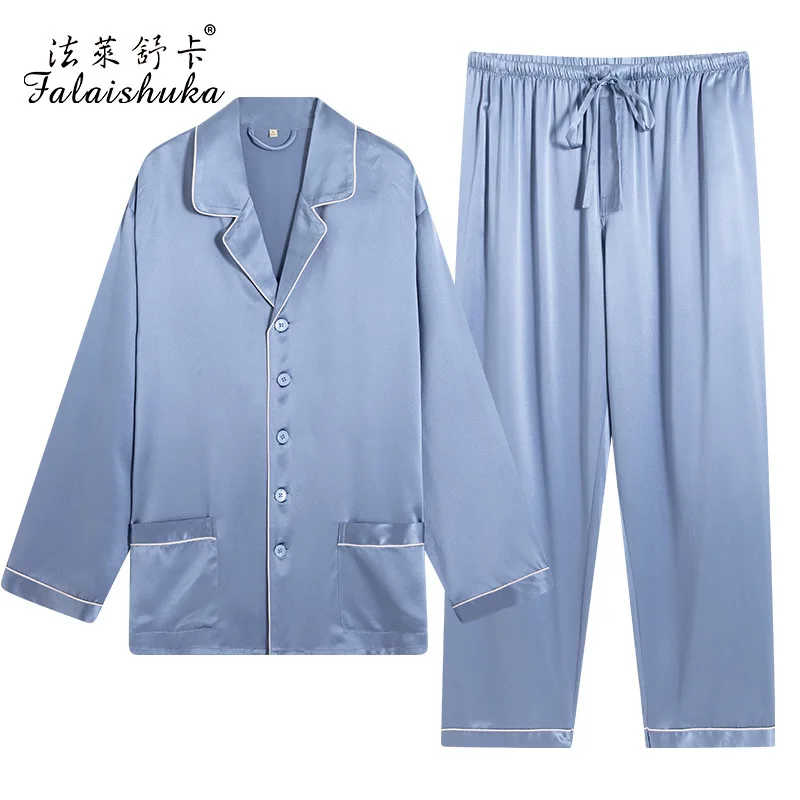 25 momme 100% natural Silk sleepwear men pajama sets noble Blue Long sleeve pure silk sleepwear men T9015