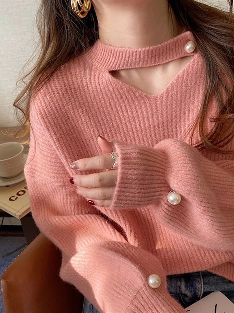 

Design Sensation Women's Sweater V-Ne Hollow out Loose Fit Korean Sle Autumn Winter New Arrival Pink Knitted Top