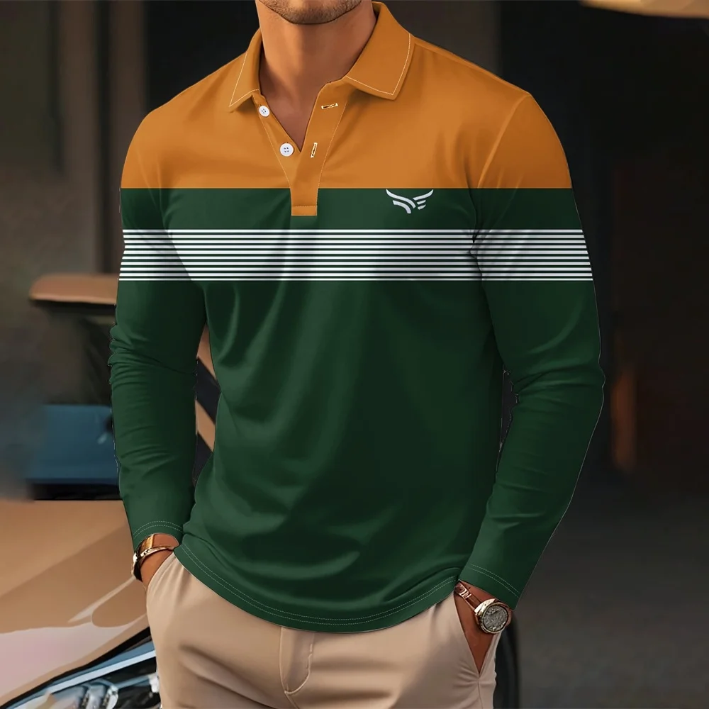 shirts for man Business Men Polo Shirts New Lapel Striped Button Contrast Color Streetwear Fashion Office Social Long Sleeve Top