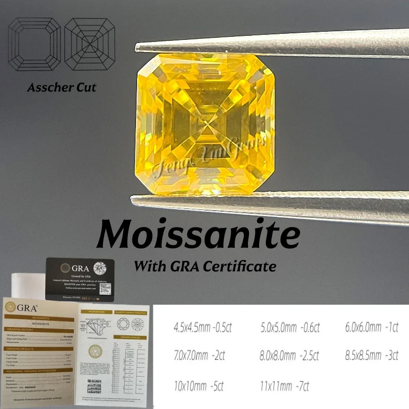 

Asscher Cut 0.5~7ct Golden Yellow Loose Moissanite Clarity VVS1 for Jewelry Earrings With GRA Certificate High Quality