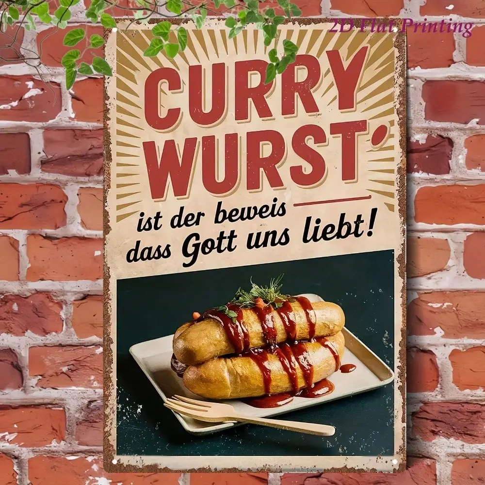 Vintage Deutsche Currywurst Metallschild 8x12 Zoll, Retro Küchenwanddekoration & Bar-Wandkunst, Robuste Eisenwandplakette