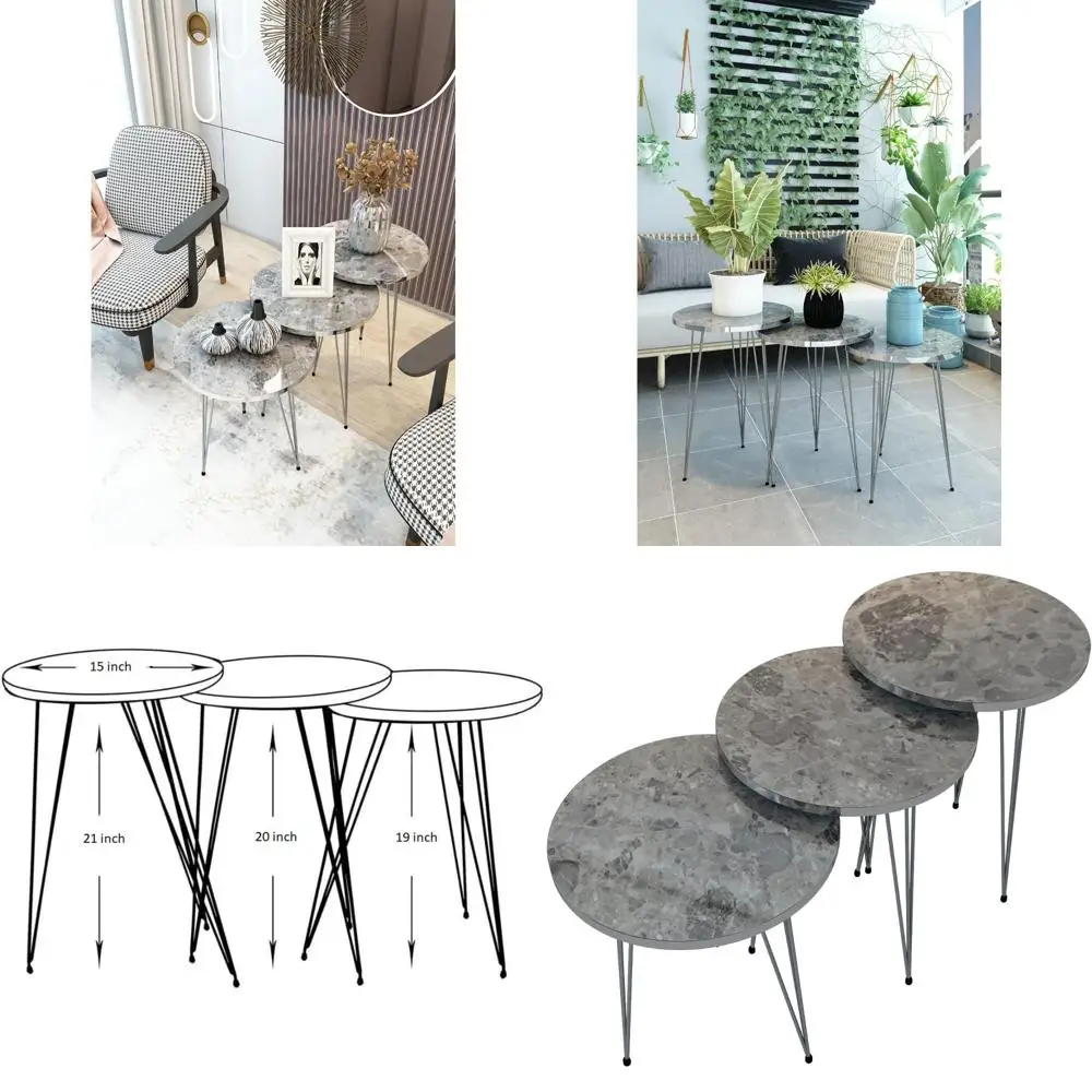 مجموعة من 3 طاولات جانبية متداخلة بأرجل فضية من الرخام الرمادي اللامع، طاولات جانبية للقهوة قابلة للتكديس من الخشب المستدير مع معدن #1