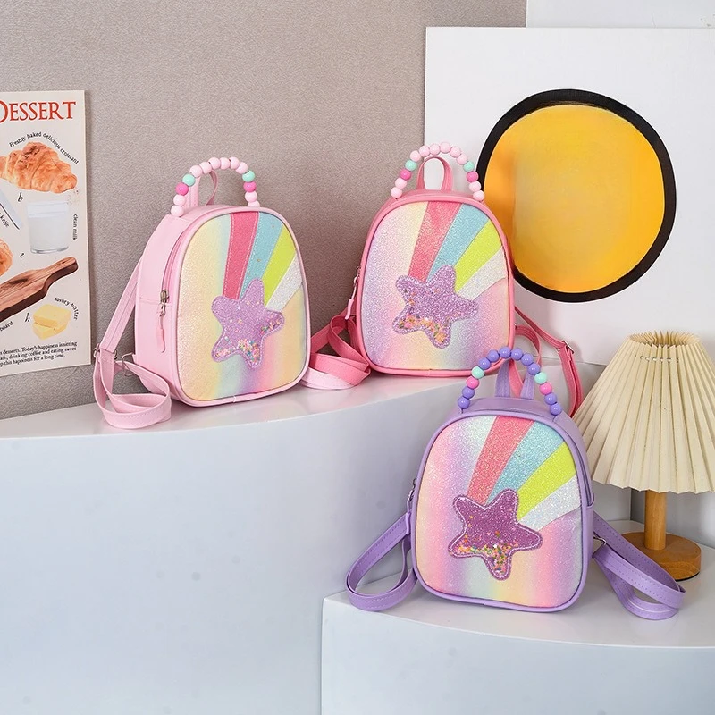 PU leather waterproof ultra-light rainbow children's schoolbag, cute five-pointed star lightweight small backpack for girls